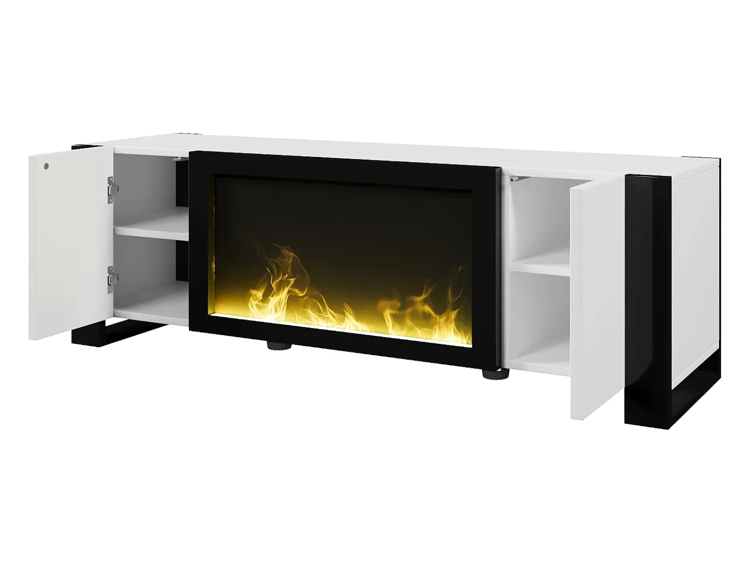 Móvel De Tv* Móvel de TV baixo com lareira elétrica, efeito chama, sem função de aquecimento, +Branco Preto