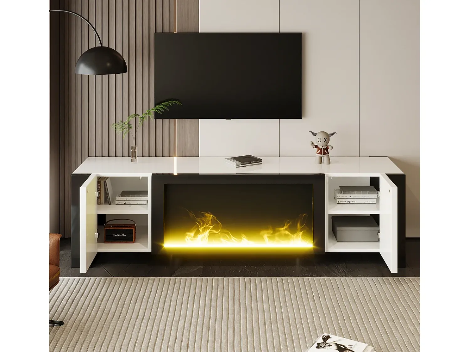 Móvel De Tv* Móvel de TV baixo com lareira elétrica, efeito chama, sem função de aquecimento, +Branco Preto