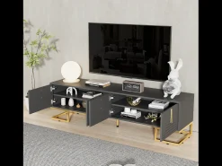 Móvel de TV baixo com porta estruturada, móvel de TV, puxadores e pés dourados, cinza escuro + dourado^ Móvel De Tv