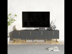 Móvel de TV baixo com porta estruturada, móvel de TV, puxadores e pés dourados, cinza escuro + dourado^ Móvel De Tv