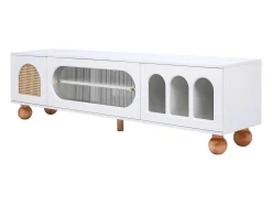 Best Móvel de TV baixo com porta de vime e porta de vidro deslizante para sala de estar e jantar, Branco