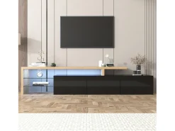 Móvel De Tv* Móvel de TV baixo com prateleira de vidro e 3 portas, 197 cm, brilhante, com iluminação LED Preto