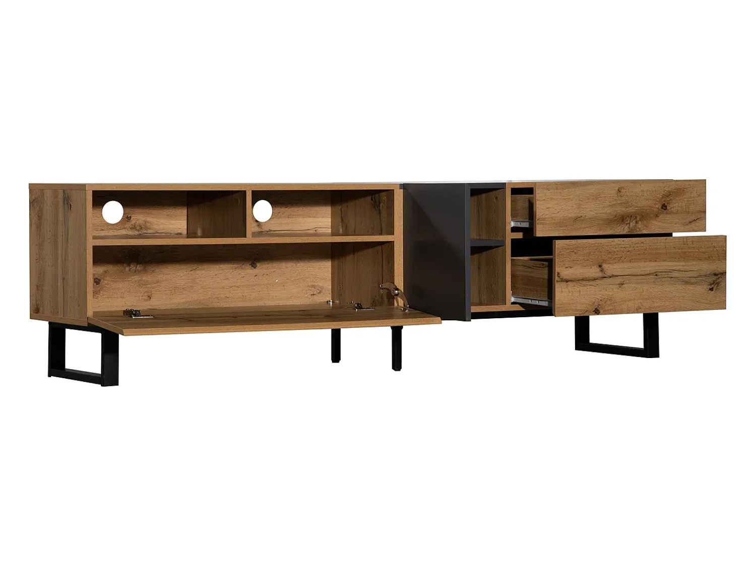 Móvel De Tv* Móvel de TV baixo estilo industrial retrô 180 cm, bancada de TV com 2 portas e 2 gavetas, + madeira Preto