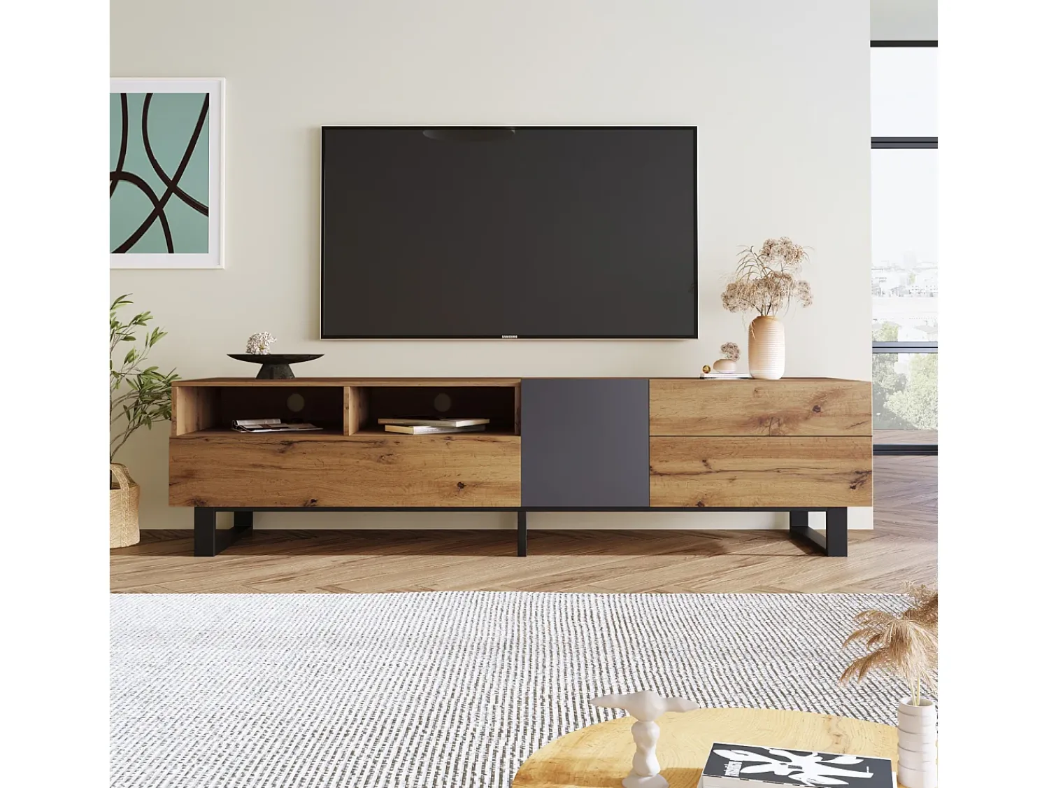 Móvel De Tv* Móvel de TV baixo estilo industrial retrô 180 cm, bancada de TV com 2 portas e 2 gavetas, + madeira Preto