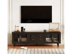 Móvel De Tv| Móvel de TV baixo estilo retro com 6 compartimentos de armazenamento, pés de madeira maciça, Preto