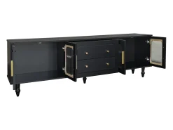 Móvel De Tv| Móvel de TV baixo estilo retro com 6 compartimentos de armazenamento, pés de madeira maciça, Preto