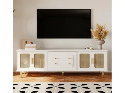 Móvel de TV baixo estilo retro com 6 compartimentos de armazenamento, puxadores dourados, porta de vime^ Móvel De Tv