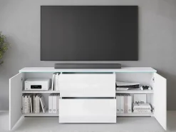 New Móvel de TV baixo moderno 180 cm – armário alto para TV com gavetas e prateleiras, corpo mate, frentes brilho Branco
