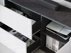 Móvel de TV baixo moderno 180 cm – armário alto para TV com gavetas e prateleiras, corpo antracite matera, frentes branco brilho^ Móvel De Tv