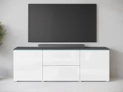 Móvel de TV baixo moderno 180 cm – armário alto para TV com gavetas e prateleiras, corpo antracite matera, frentes branco brilho^ Móvel De Tv