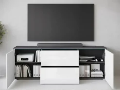 Móvel de TV baixo moderno 180 cm – armário alto para TV com gavetas e prateleiras, corpo antracite matera, frentes branco brilho^ Móvel De Tv