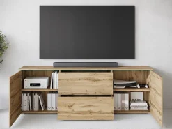 Móvel de TV baixo moderno 180 cm – armário alto para TV com gavetas e prateleiras, carvalho wotan mate^ Móvel De Tv
