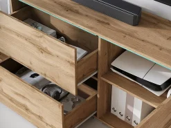 Móvel de TV baixo moderno 180 cm – armário alto para TV com gavetas e prateleiras, carvalho wotan mate^ Móvel De Tv