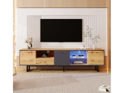 Hot Móvel de TV baixo, Móvel de TV LED para quarto, com compartimentos e gaveta, Madeira industrial e metal preto Natural claro