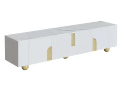 Móvel De Tv| Móvel de TV 180 cm, 4 portas, design elegante, superfície com efeito mármore, pés esféricos de madeira Branco