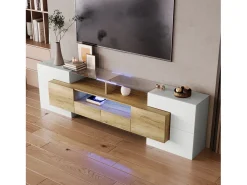 New Móvel de TV Brilhante 200 x 30 x 60,7 cm, Duas Gavetas, 6 Portas, Iluminação LED, Móveis para Sala de Estar Branco