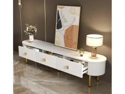 Hauss Spole Móvel de TV com 3 gavetas, tampo oval e pés dourados.^ Móvel De Tv