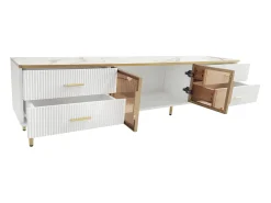 Móvel De Tv* Móvel de TV com efeito mármore, puxadores dourados e duas portas de vidro temperado, para a sala de estar. Branco