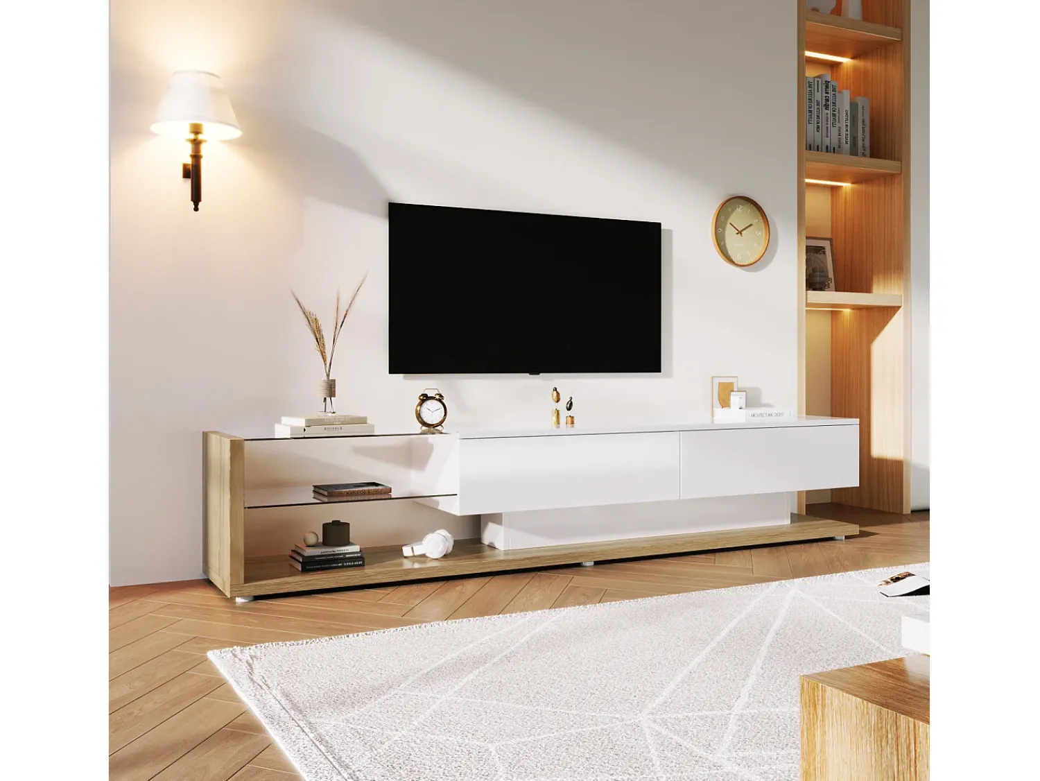 New Móvel de TV com gavetas, aparador de TV com iluminação LED e prateleiras de vidro, rack para TV para sala de estar. Branco