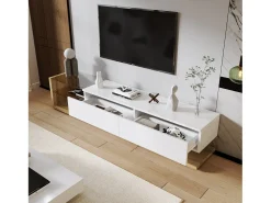 New Móvel de TV com gavetas, aparador de TV com iluminação LED e prateleiras de vidro, rack para TV para sala de estar. Branco