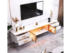 Móvel de TV com iluminação LED, cômoda com 4 gavetas e 2 portas de vidro temperado.^ Móvel De Tv