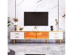 Móvel de TV com iluminação LED, cômoda com 4 gavetas e 2 portas de vidro temperado.^ Móvel De Tv