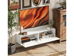 Móvel De Tv* Móvel de TV de 140 cm para parede ou de perfil baixo com espaço de armazenamento integrado, adequado para TVs de até 65 polegadas. Sala de estar. Branco