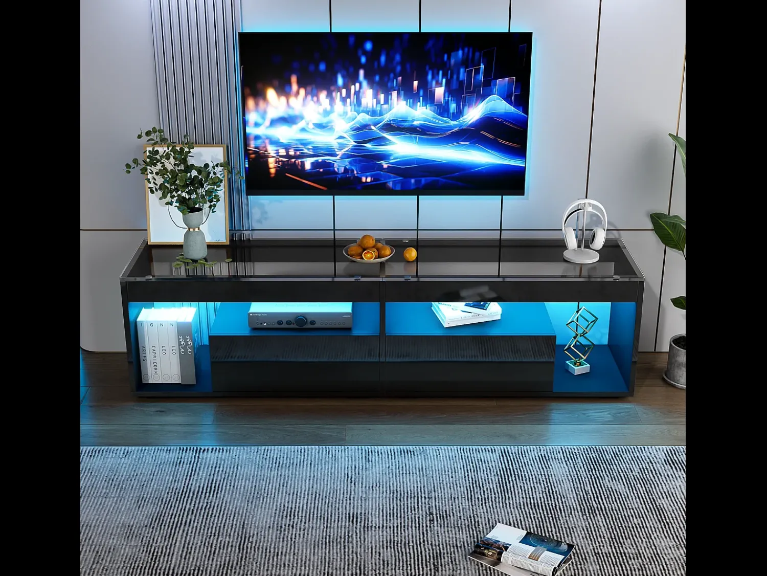 Móvel De Tv*Merax Móvel de TV brilhante - 180 x 40 x 46 cm - com 2 gavetas + LEDs - aglomerado - natural Preto