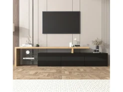 Clearance Móvel de TV brilhante 197,5 C x 39 L x 42 A (cm), estilo moderno, espaço de armazenamento prático, aparência de madeira, prateleiras de vidro, iluminação LED, Preto