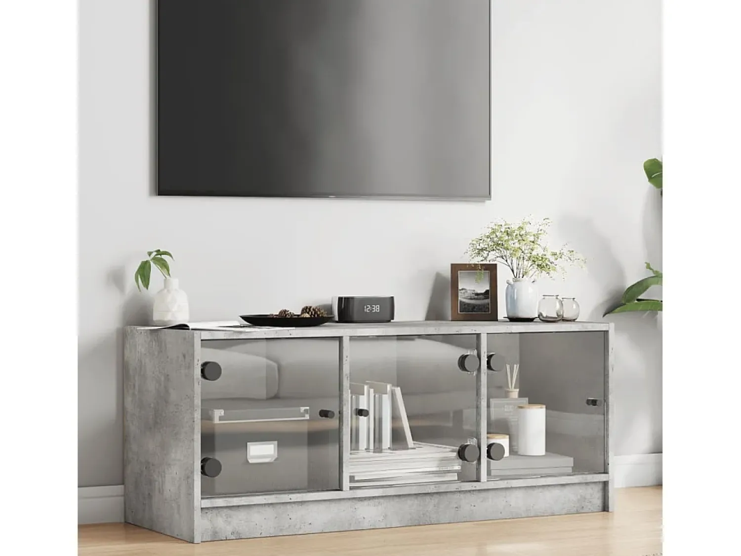 Móvel De Tv| Móvel de TV c/ portas de vidro 102x37x42 cm cinza cimento PT287244 Cinzento