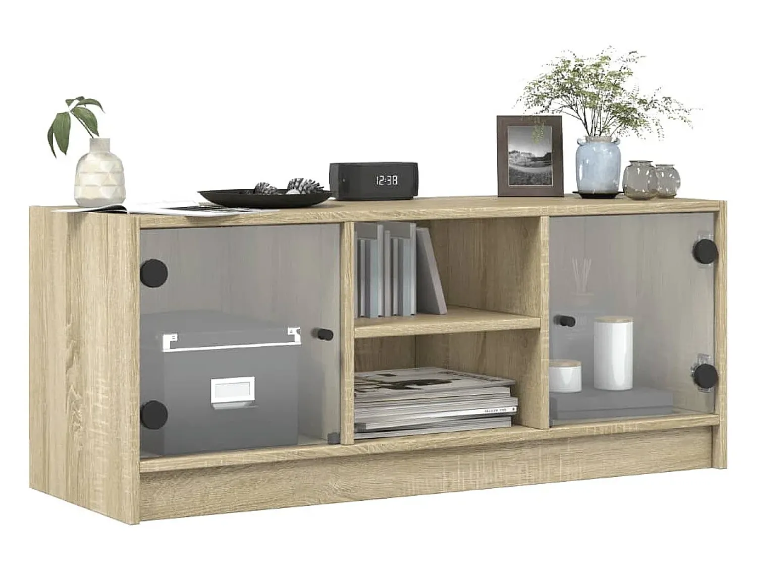 Móvel De Tv| Móvel de TV c/ portas de vidro 102x37x42 cm carvalho sonoma PT972960 Castanho