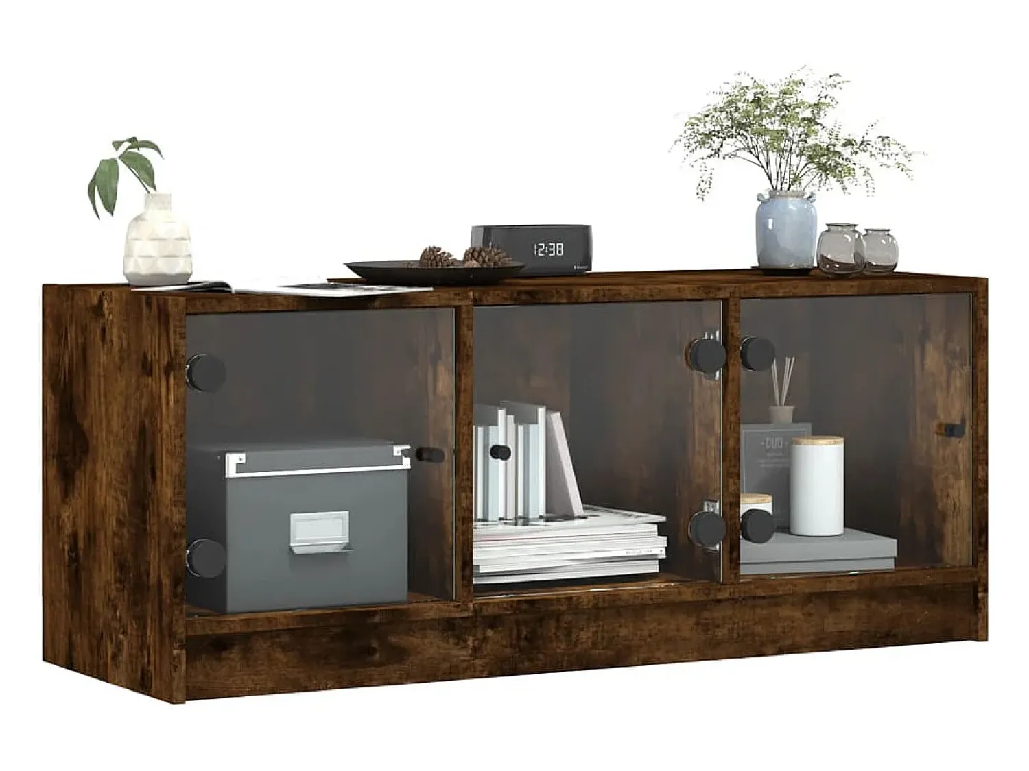 Móvel De Tv* Móvel de TV c/ portas de vidro 102x37x42 cm carvalho fumado PT270379 Castanho