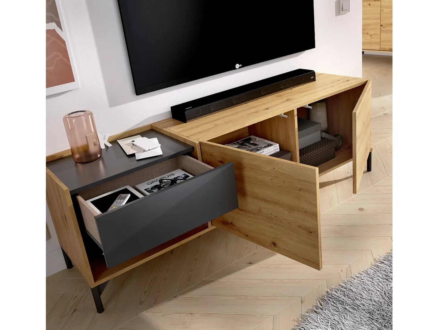 Móvel De Tv*Dmora Móvel de TV Cengalo, Aparador baixo da sala, Aparador da sala para televisão, 164x39h49 cm, Carvalho Notado e Antracite Castanho
