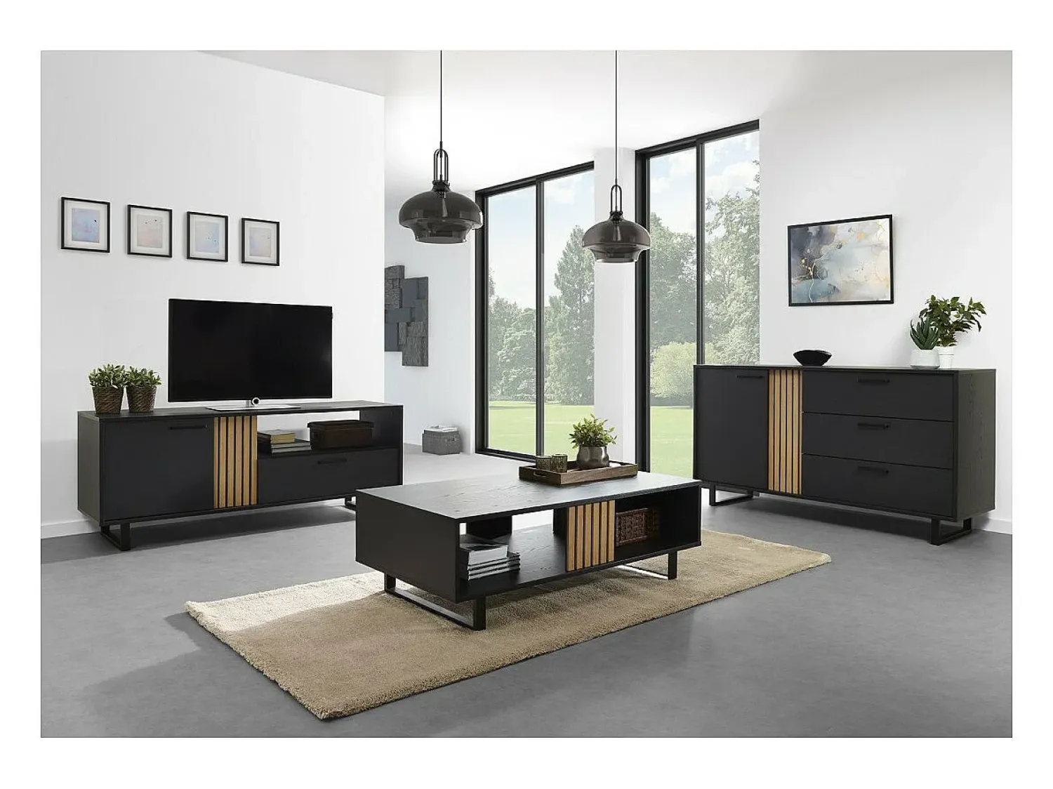 Meublorama Móvel de TV 165cm nas cores preto e carvalho com 2 portas e 1 nicho da coleção LOFT. Pés de metal.^ Móvel De Tv