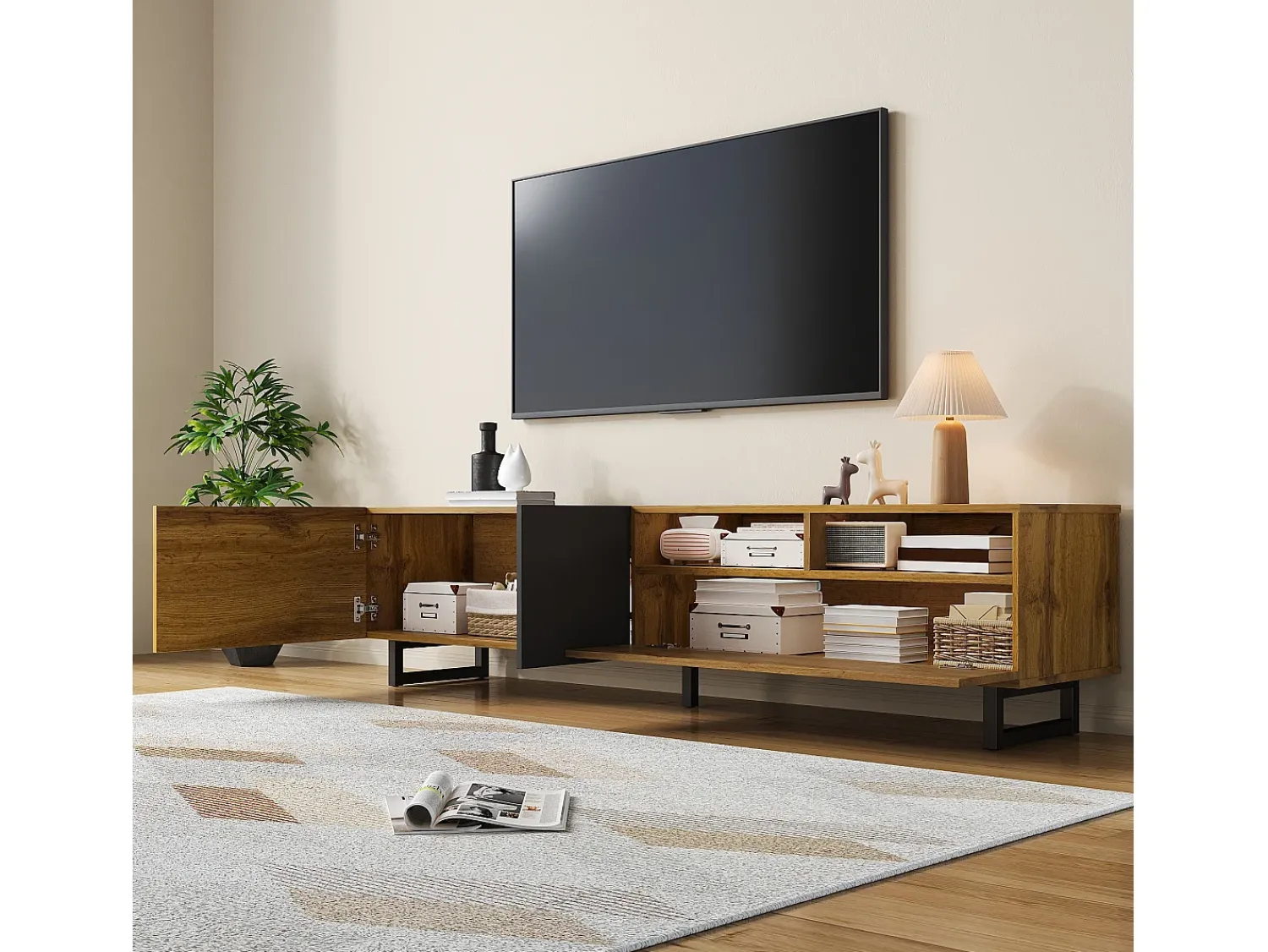 Merax Móvel de TV Colorblock - 170 x 36,5 x 42 cm - com 3 portas + 2 prateleiras - aglomerado - natural^ Móvel De Tv