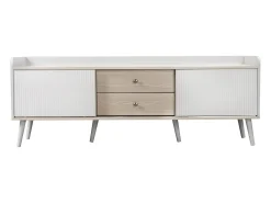 Móvel de TV com 2 gavetas e 2 portas de correr, /com efeito madeira, 160x40x58 cm. Textura requintada e espaço de armazenamento prático. Branco