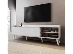 Móvel de TV com 2 gavetas e 2 portas de correr, /com efeito madeira, 160x40x58 cm. Textura requintada e espaço de armazenamento prático. Branco