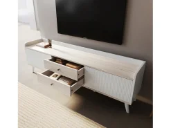 Móvel de TV com 2 gavetas e 2 portas de correr, /com efeito madeira, 160x40x58 cm. Textura requintada e espaço de armazenamento prático. Branco