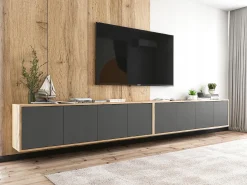 Móvel De Tv| Móvel de TV com 8 portas - corpo carvalho wotan frentes grafite mate - 300 cm Cinzento
