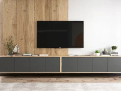 Móvel De Tv| Móvel de TV com 8 portas - corpo carvalho wotan frentes grafite mate - 300 cm Cinzento
