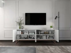 Móvel de TV com 8 portas – Corpo mate, frentes ranhuradas mate – 300 cm, estrutura metálica^ Móvel De Tv