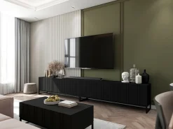 Móvel de TV com 4 portas – Corpo mate, frentes caneladas mate – 150 cm, estrutura em metal^ Móvel De Tv