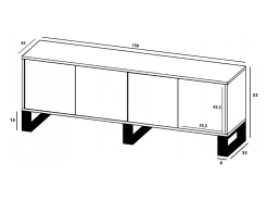 Móvel De Tv| Móvel de TV com 4 portas - corpo carvalho wotan frentes mate - 150 cm, pés de metal Preto