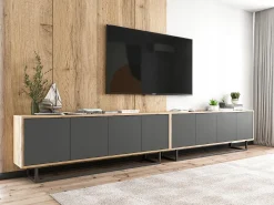 Móvel De Tv* Móvel de TV com 8 portas – corpo carvalho wotan, frentes grafite mate – 300 cm, estrutura metálica Cinzento