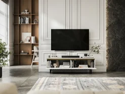 New Móvel de TV com 2 portas - Corpo mate, frentes ranhuradas mate - Estrutura em metal preto, 140 cm Branco