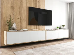 Móvel De Tv| Móvel de TV com 8 portas - corpo carvalho wotan frentes mate - 300 cm Branco