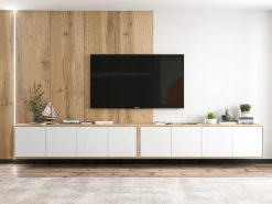 Móvel De Tv| Móvel de TV com 8 portas - corpo carvalho wotan frentes mate - 300 cm Branco