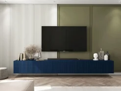 Móvel De Tv| Móvel de TV com 8 portas – Corpo -marinho mate, frentes ranhuradas -marinho mate – 300 cm Azul