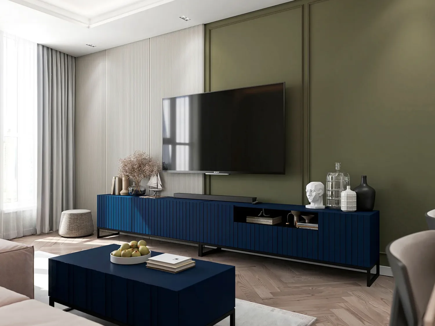 Móvel De Tv* Móvel de TV com 4 portas – Corpo marinho mate, frentes caneladas marinho mate – 150 cm, estrutura em metal preto Azul