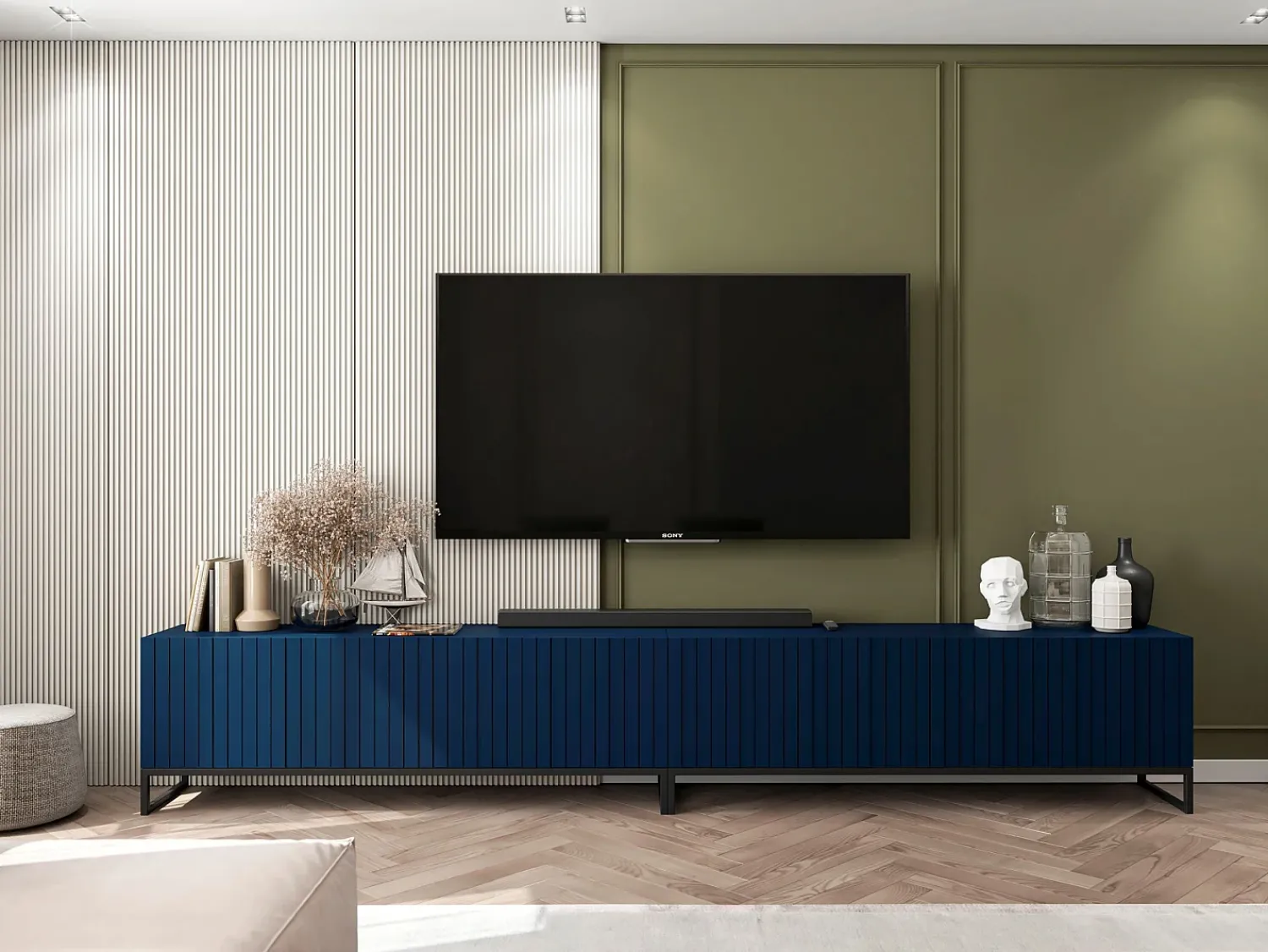 Móvel De Tv* Móvel de TV com 4 portas – Corpo marinho mate, frentes caneladas marinho mate – 150 cm, estrutura em metal preto Azul